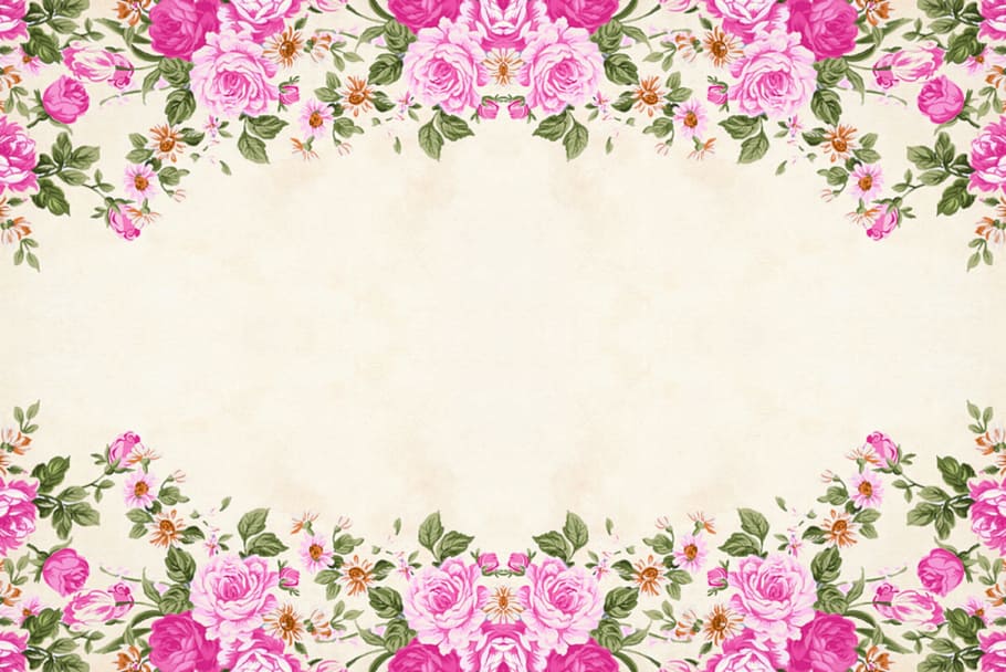 Floral frame background with pink flowers on top and bottom, border, HD wallpaper
